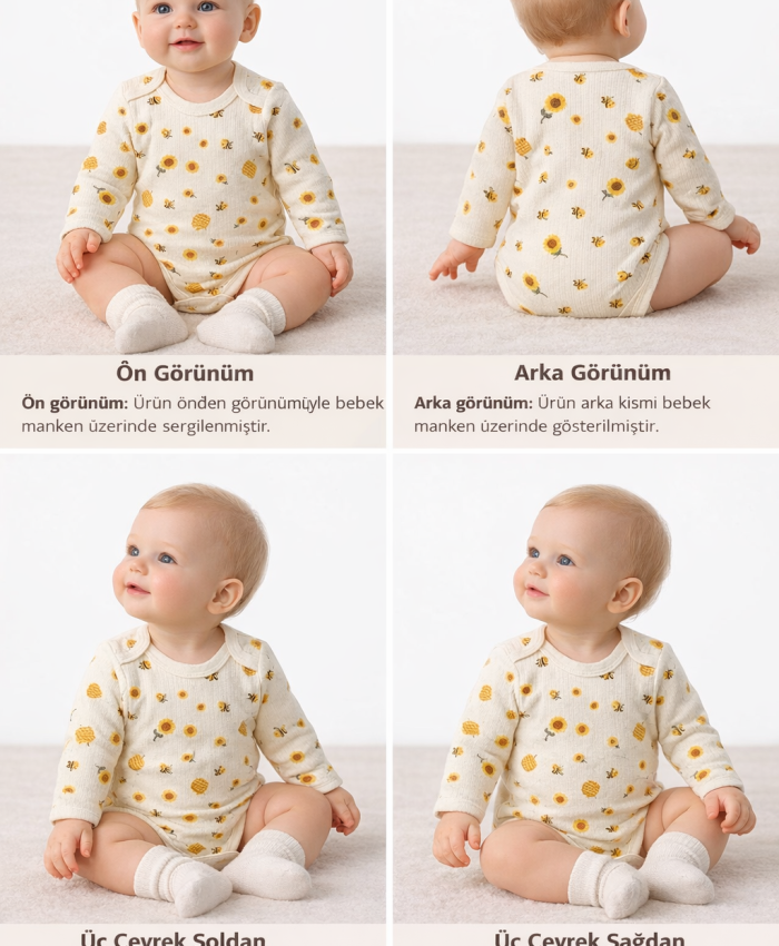 Unisex çiçek ve arı desenli uzun kollu çıtçıtlı bady