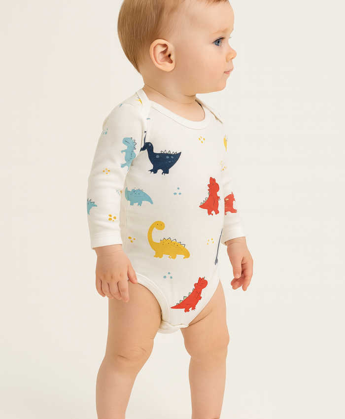 Erkek bebek dinazor baskılı uzun kollu çıtçıtlı bady
