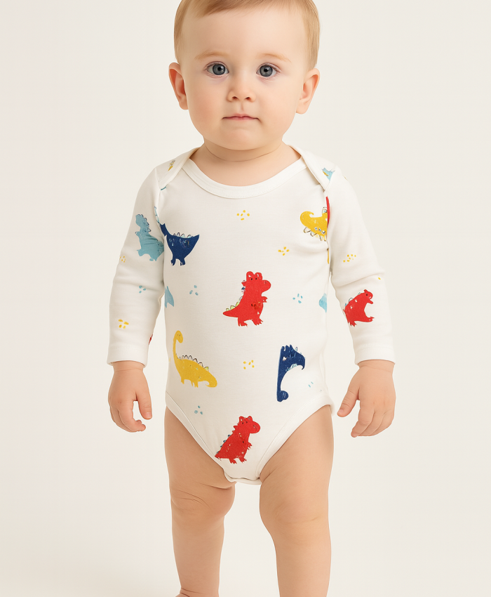 Erkek bebek dinazor baskılı uzun kollu çıtçıtlı bady