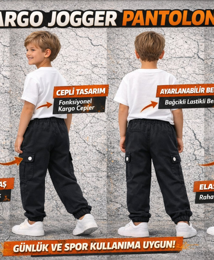Erkek çocuk kargo cepli beli lastikli gabardin pantolon