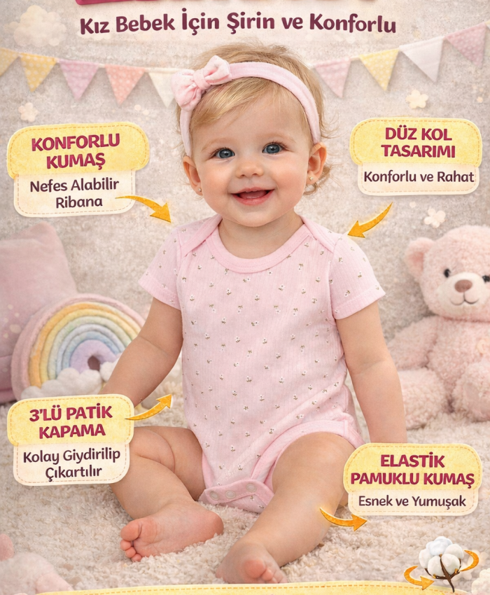 Kız Bebek çiçek desenli kısa kollu çıtçıtlı bady