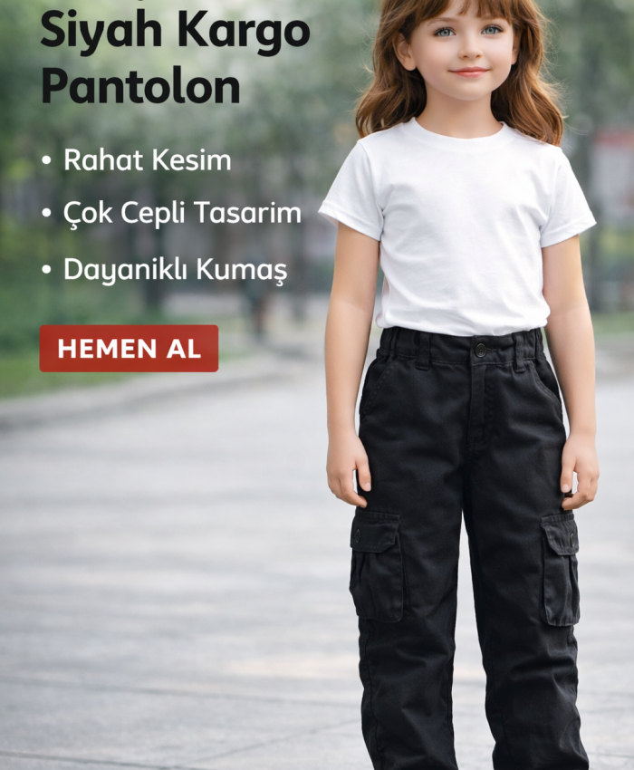 Kız Çocuk Siyah Renk - Kargo Cepli - Bol Paça Keten Pantolon
