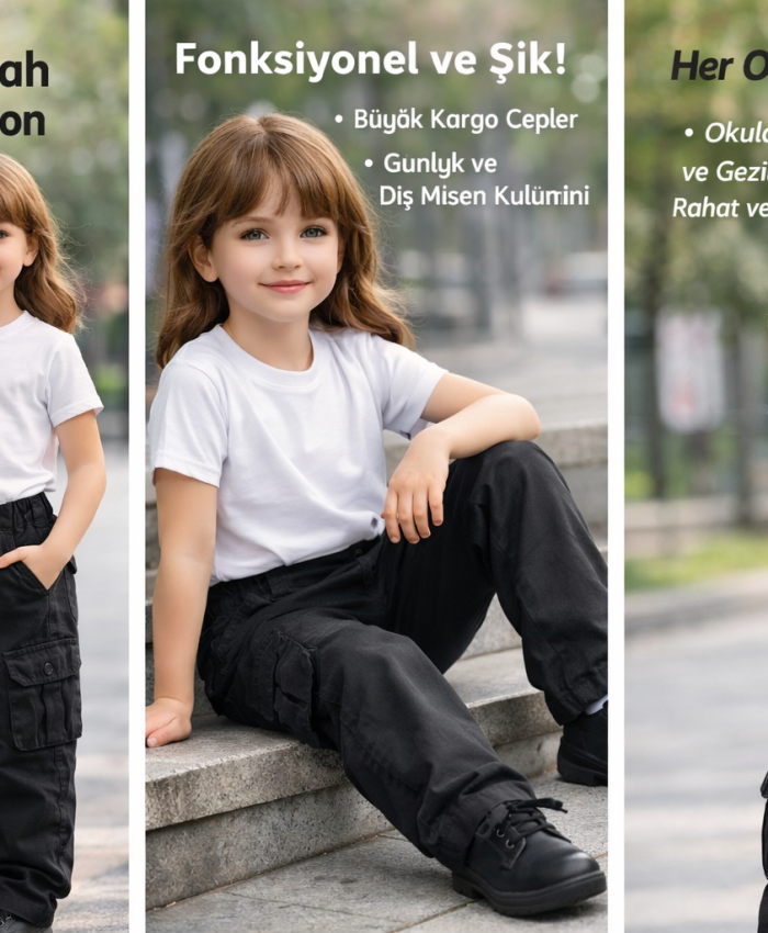 Kız Çocuk Siyah Renk - Kargo Cepli - Bol Paça Keten Pantolon