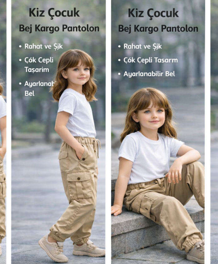 Kız Çocuk Bel Kısmı Lastiklki Bağcıklı Kargo Cepli Bilek Kısmı Lastikli Pantolon