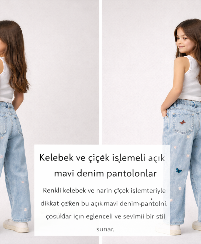 Kız Çocuk Fiyonk Işlemeli Garson Boy Bol Paçalı Kot Pantolon