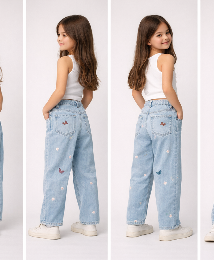 Kız Çocuk Fiyonk Işlemeli Garson Boy Bol Paçalı Kot Pantolon