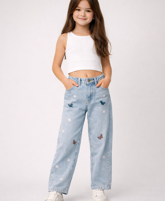 Kız Çocuk Fiyonk Işlemeli Garson Boy Bol Paçalı Kot Pantolon