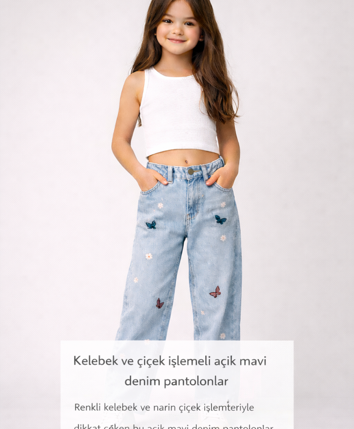Kız Çocuk Fiyonk Işlemeli Garson Boy Bol Paçalı Kot Pantolon