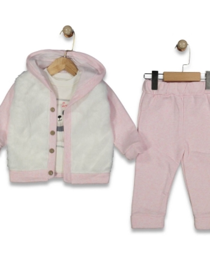 Kız Bebek peluş - kağşonlu-düğmeli hırka-panda baskılı-sweat-pantolon takım