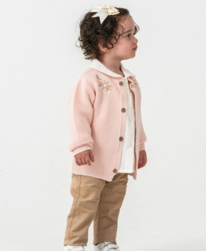 Kız Çocuk çiçek nakışlı- düğmeli -triko kırka-müslin gömlekli -pantolon takım