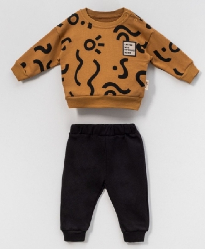 Erkek Bebek çizgi detaylı-uzun kollu- kahve renk 3 ip takım