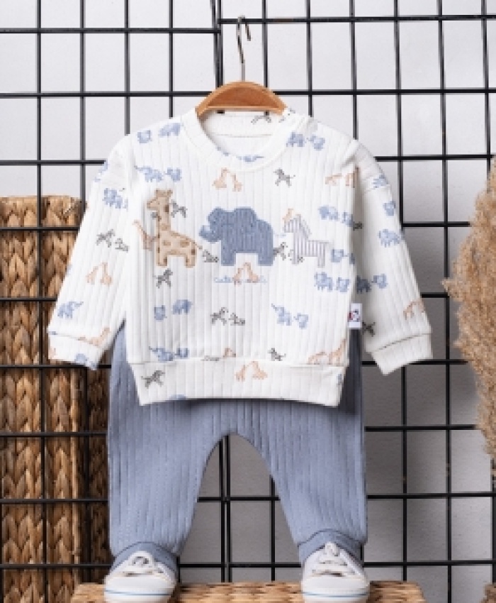 Erkek Bebek fil ve zürafa baskılı fitilli takım