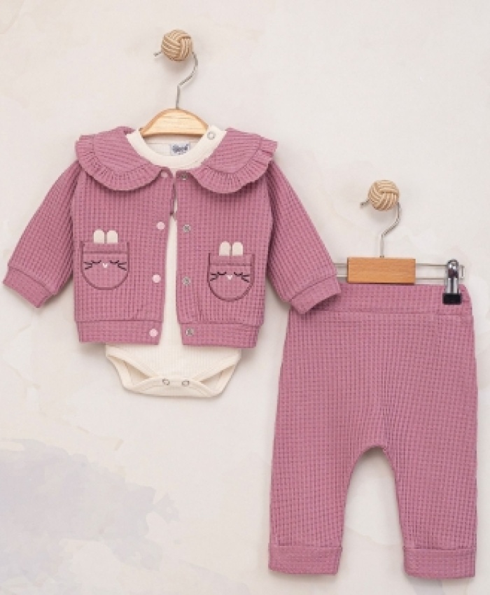 Kız Bebek waflle kumaşlı- fırfır yakalı-zıbınlı 3lü takım