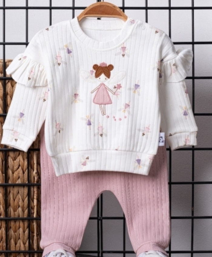 Kız Bebek kanatlı prenses detaylı uzun kollu omuz kısmı fırfırlı pamuklu takım