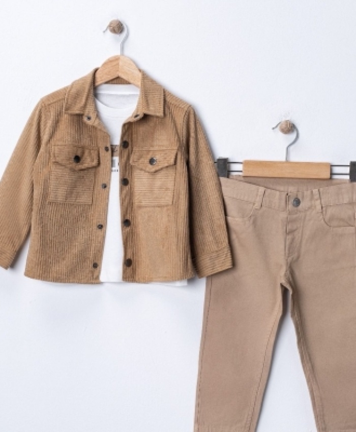 Erkek Çocuk çıt çıt kapamalı- cepli kadife gömlek -uzun kollu bady- kanvas pantolonlu takım