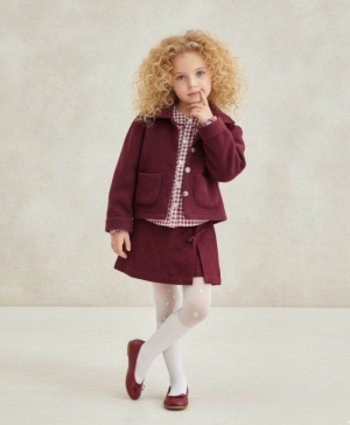 Kız Çocuk kaşe ceketli -ekose gömlekli- kot etekli bordo renk takım