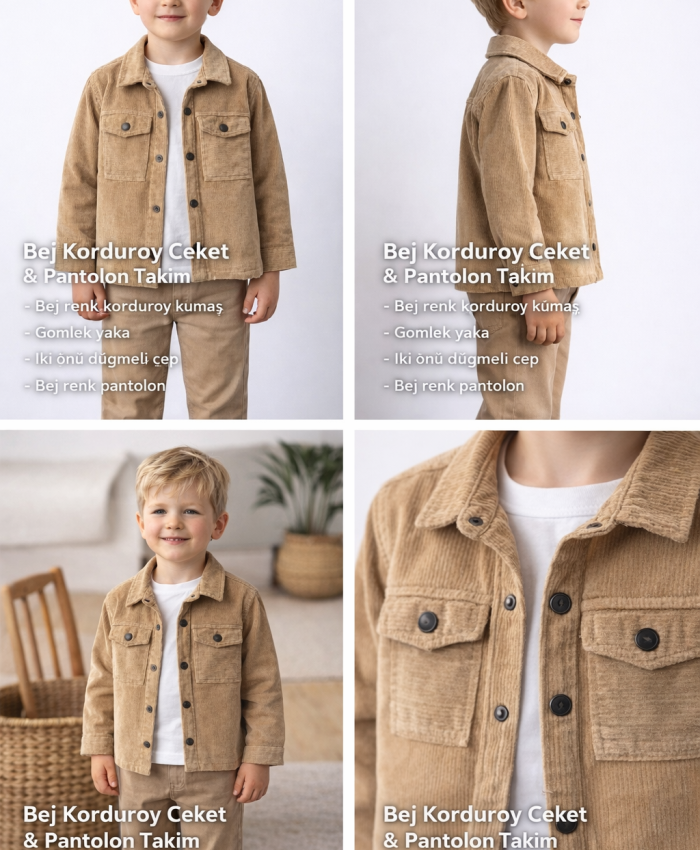 Erkek Çocuk çıt çıt kapamalı- cepli kadife gömlek -uzun kollu bady- kanvas pantolonlu takım