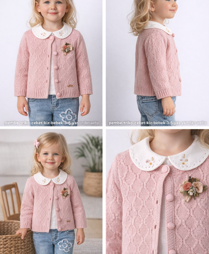 Kız Bebek hırkalı-v yaka süveterli- uzun kol gömlekli -çiçek işlemeli- kot pantolonlu takım