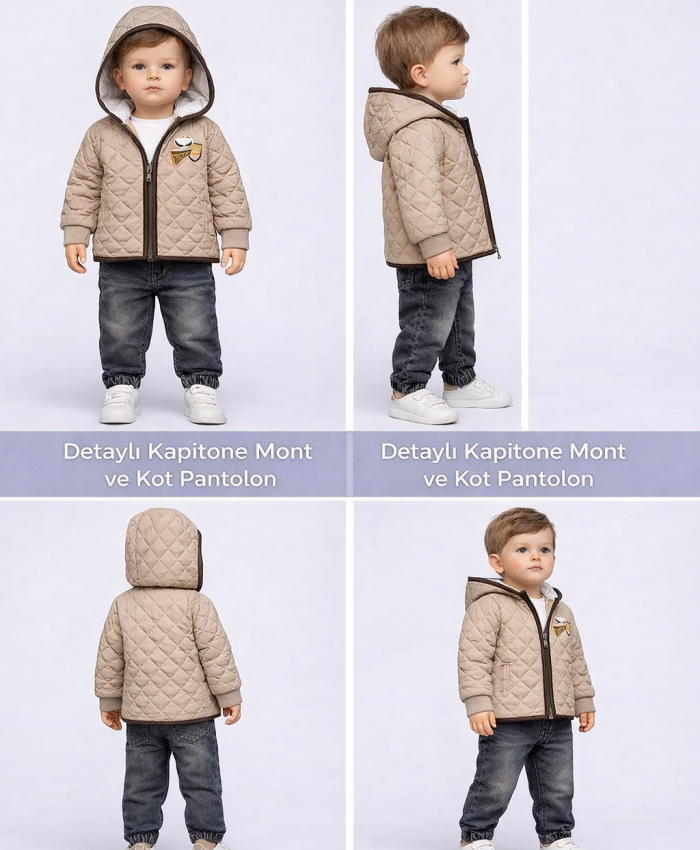 Erkek Bebek kapşonlu - kapitone montlu -kot pantolonlu 3lü takım