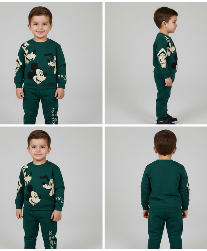 Erkek Çocuk mickey baskılı 3 ip şardonsuz yeşil renk takım