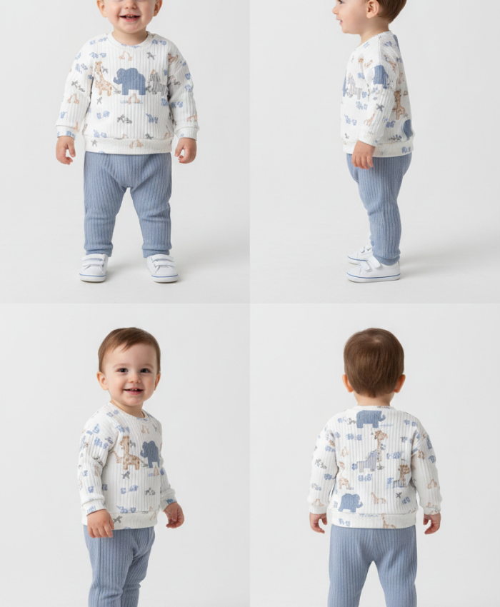 Erkek Bebek fil ve zürafa baskılı fitilli takım