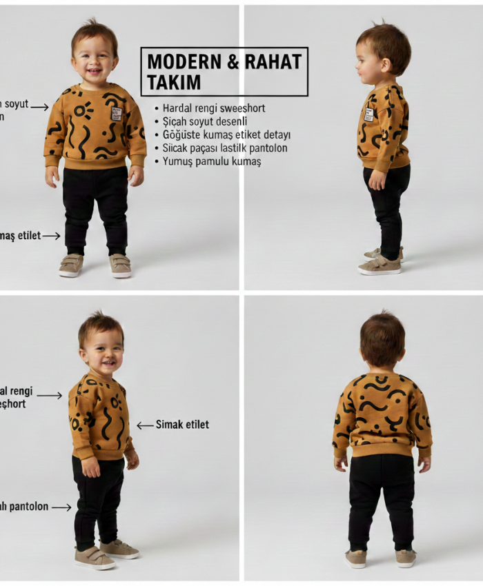 Erkek Bebek çizgi detaylı-uzun kollu- kahve renk 3 ip takım