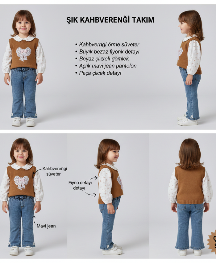 Kız Bebek fiyonk detaylı -triko süveter- çiçekli gömlek- kot pantolon takım