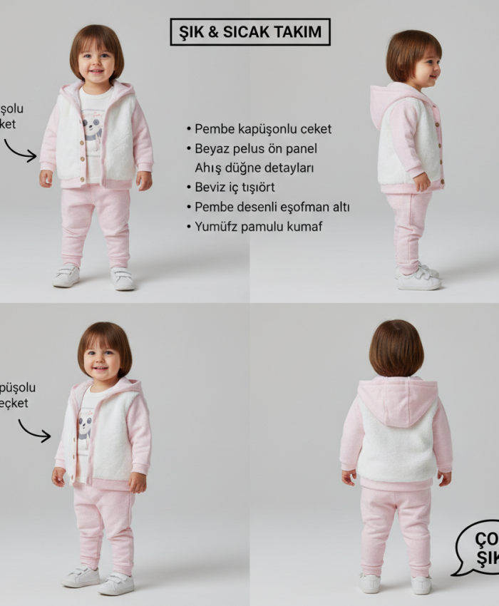 Kız Bebek peluş - kağşonlu-düğmeli hırka-panda baskılı-sweat-pantolon takım