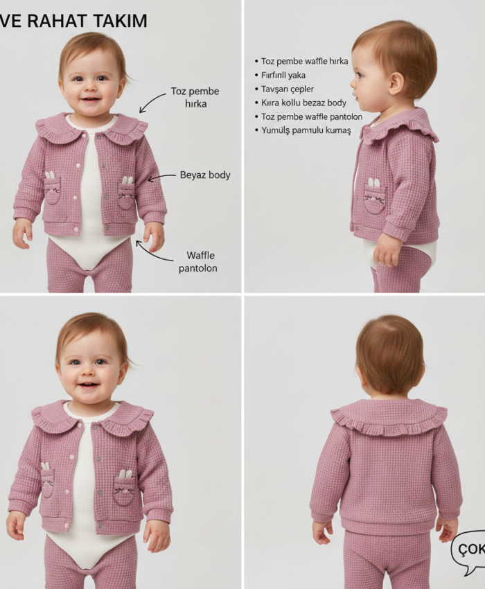 Kız Bebek waflle kumaşlı- fırfır yakalı-zıbınlı 3lü takım