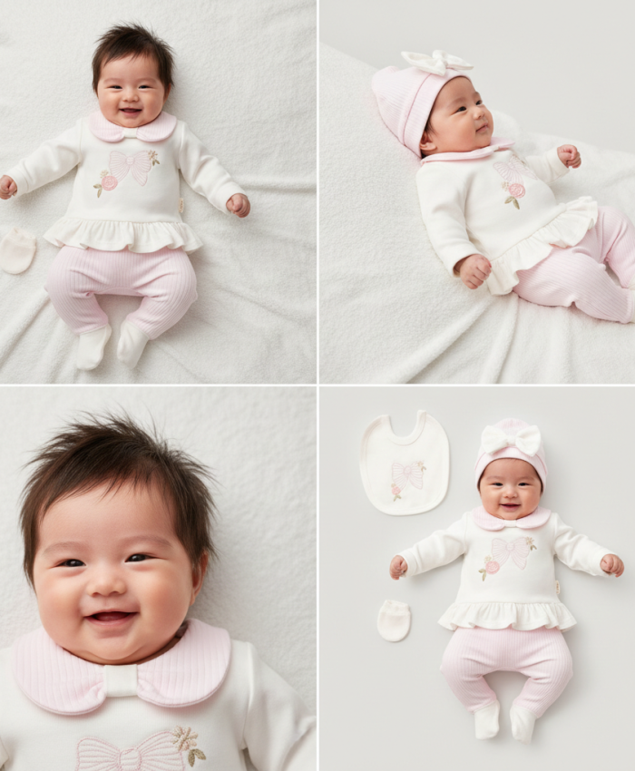 Kız Bebek fiyonk işlemeli 5 parça zıbın seti