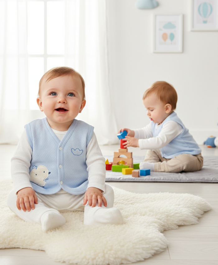 Erkek Bebek civciv baskılı kapitone mavi renk yelek