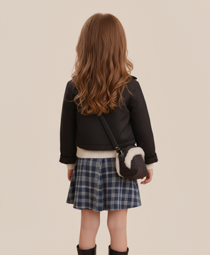 Kız Çocuk süet ceketli çantalı- bady- eteklki takım