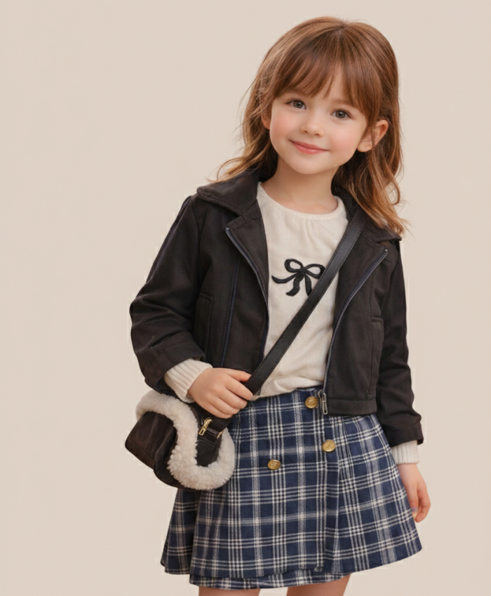 Kız Çocuk süet ceketli çantalı- bady- eteklki takım