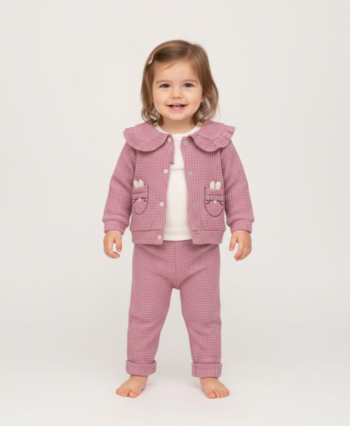 Kız Bebek waflle kumaşlı- fırfır yakalı-zıbınlı 3lü takım