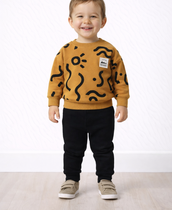 Erkek Bebek çizgi detaylı-uzun kollu- kahve renk 3 ip takım