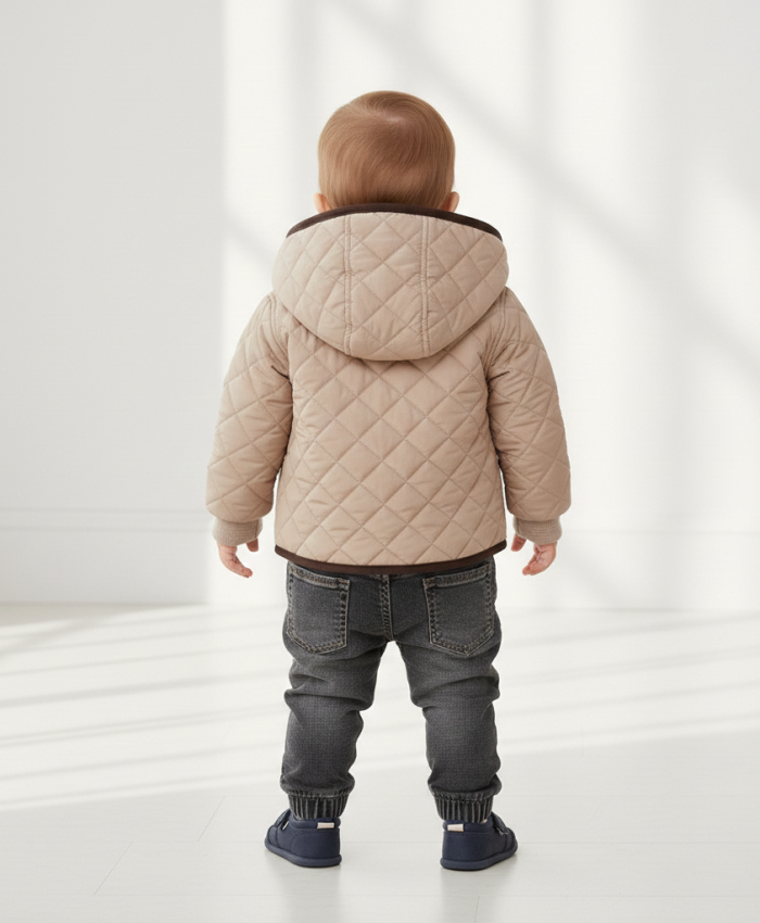 Erkek Bebek kapşonlu - kapitone montlu -kot pantolonlu 3lü takım