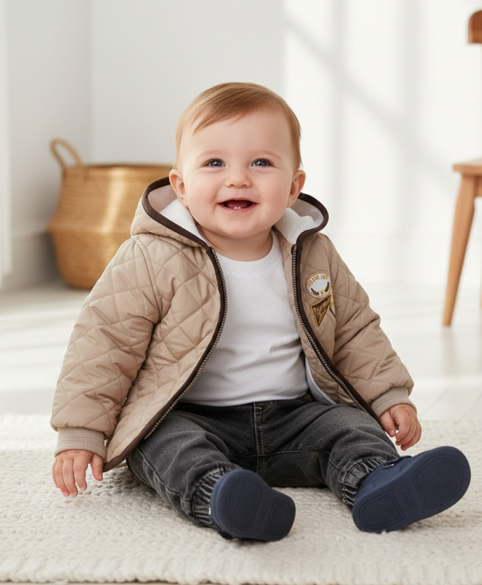 Erkek Bebek kapşonlu - kapitone montlu -kot pantolonlu 3lü takım