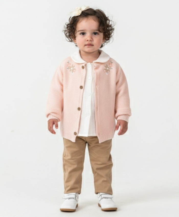 Kız Çocuk çiçek nakışlı- düğmeli -triko kırka-müslin gömlekli -pantolon takım