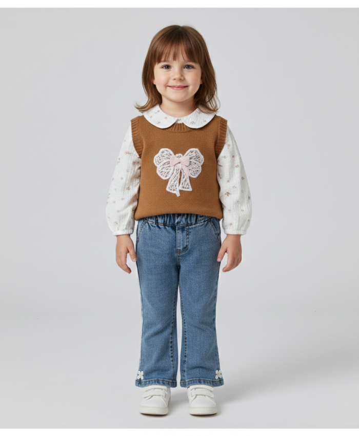 Kız Bebek fiyonk detaylı -triko süveter- çiçekli gömlek- kot pantolon takım