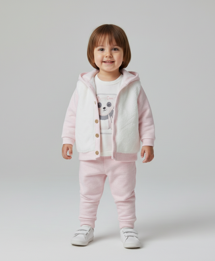 Kız Bebek peluş - kağşonlu-düğmeli hırka-panda baskılı-sweat-pantolon takım