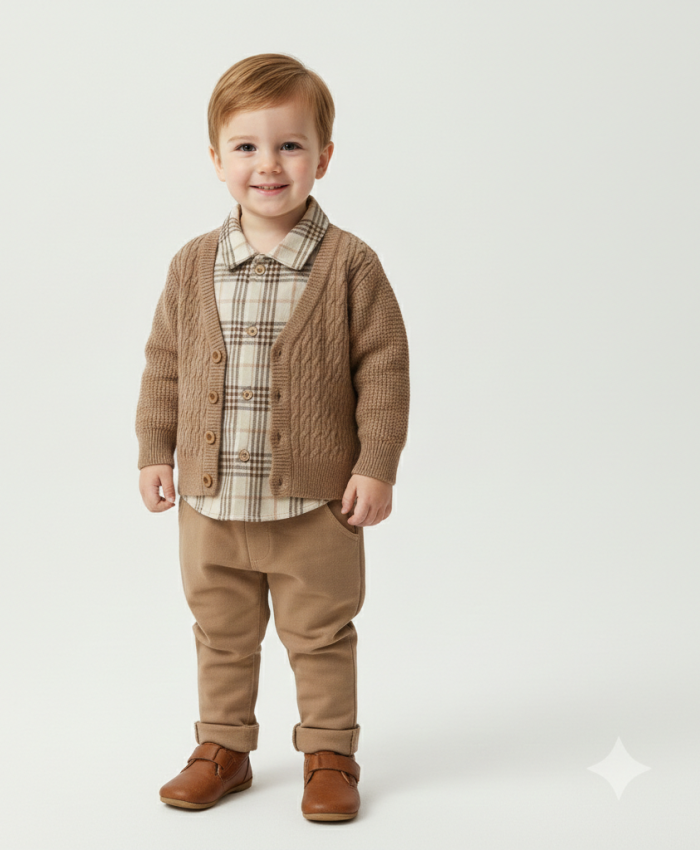 Erkek Çocuk triko hırkalı oduncu gömlekli kot pantolonlu 3 lü takım