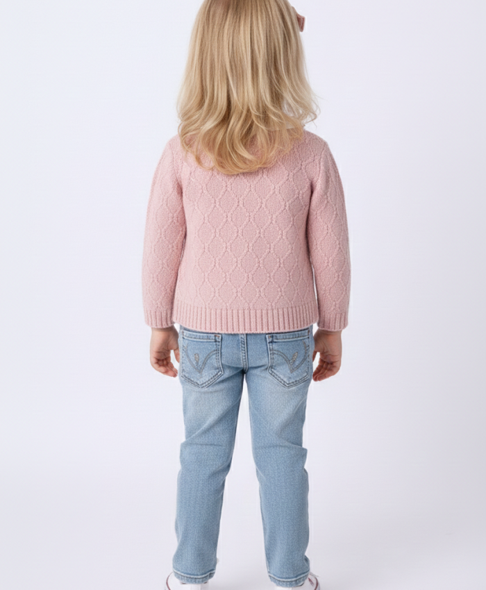 Kız Bebek hırkalı-v yaka süveterli- uzun kol gömlekli -çiçek işlemeli- kot pantolonlu takım