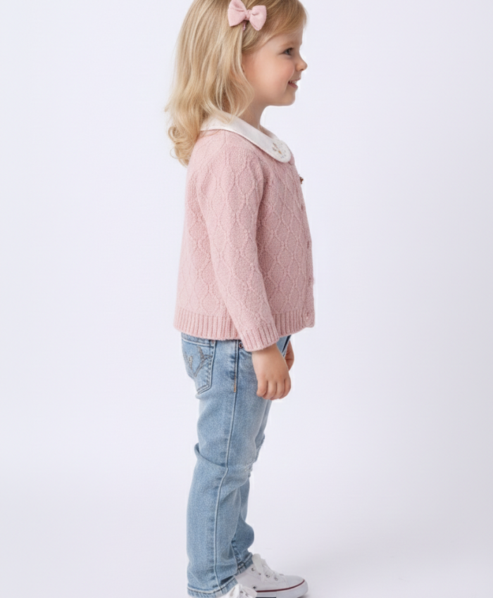 Kız Bebek hırkalı-v yaka süveterli- uzun kol gömlekli -çiçek işlemeli- kot pantolonlu takım