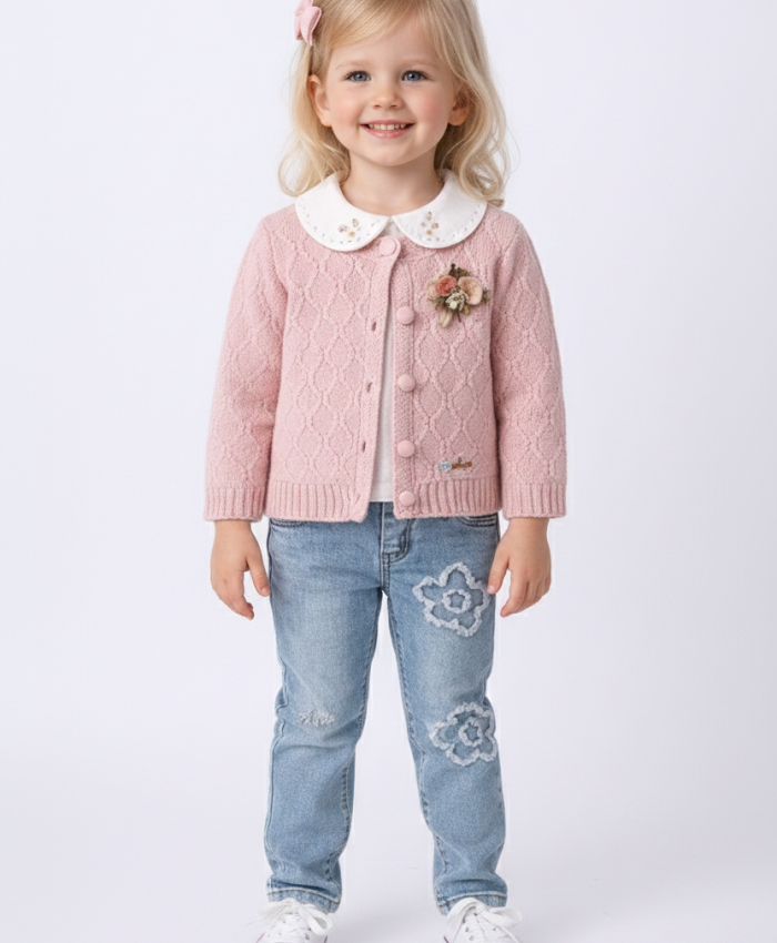 Kız Bebek hırkalı-v yaka süveterli- uzun kol gömlekli -çiçek işlemeli- kot pantolonlu takım