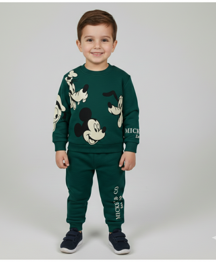 Erkek Çocuk mickey baskılı 3 ip şardonsuz yeşil renk takım