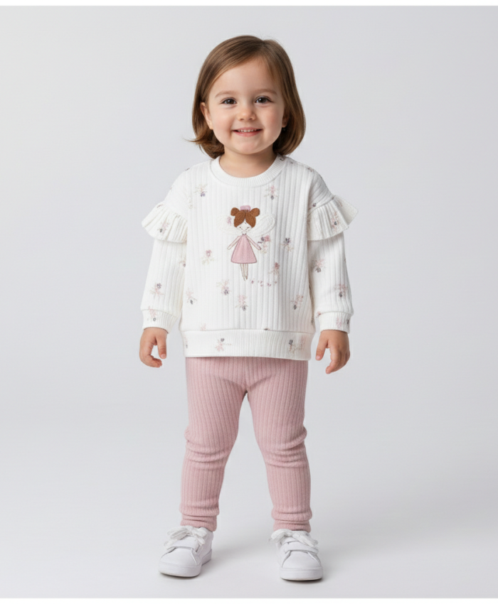 Kız Bebek kanatlı prenses detaylı uzun kollu omuz kısmı fırfırlı pamuklu takım