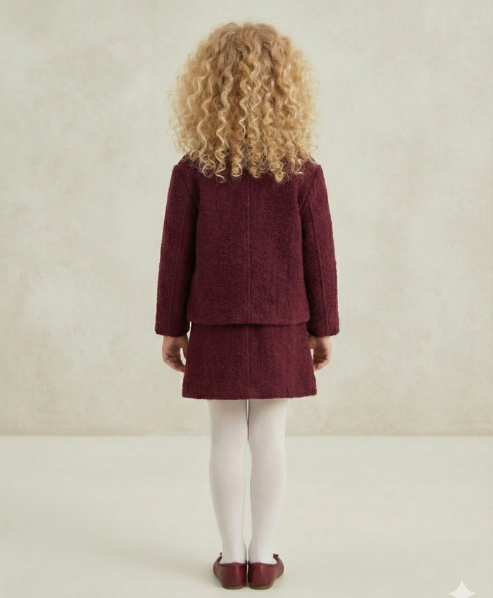 Kız Çocuk kaşe ceketli -ekose gömlekli- kot etekli bordo renk takım