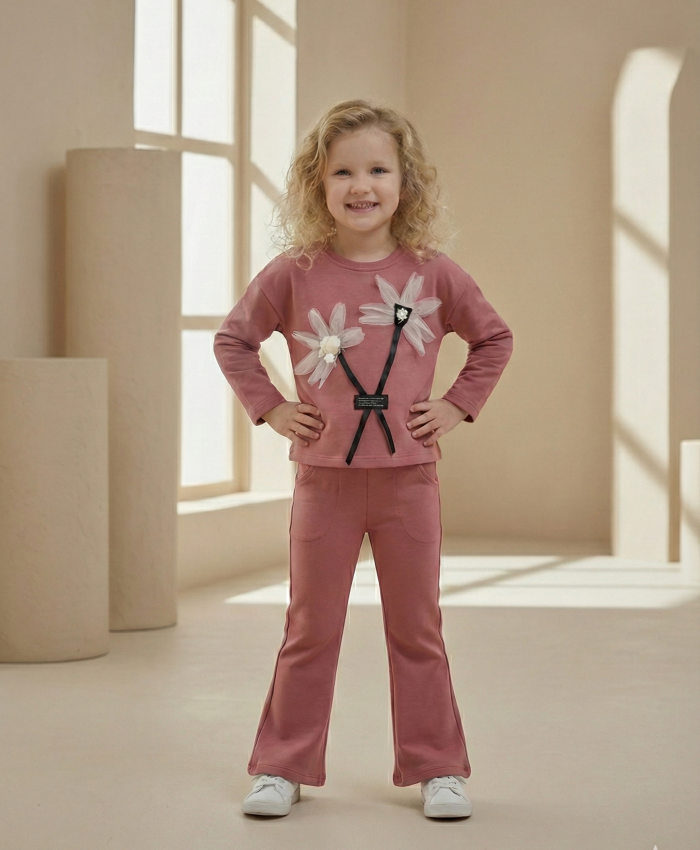 Kız Çocuk çiçek detaylı-prenses kollu -ispanyol paçalı takım