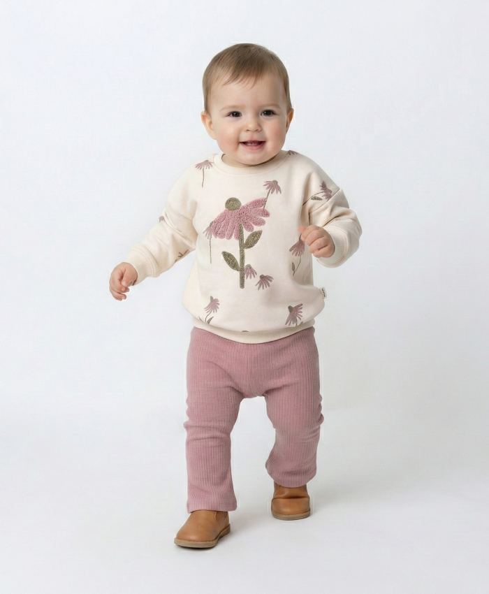 Kız Bebek çiçek detaylı- kadife taytlı krem renk takım