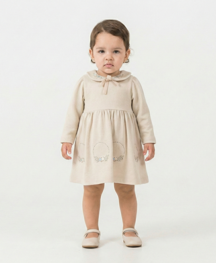 Kız Bebek çiçek nakışlı -uzun kollu- fitilli elbise